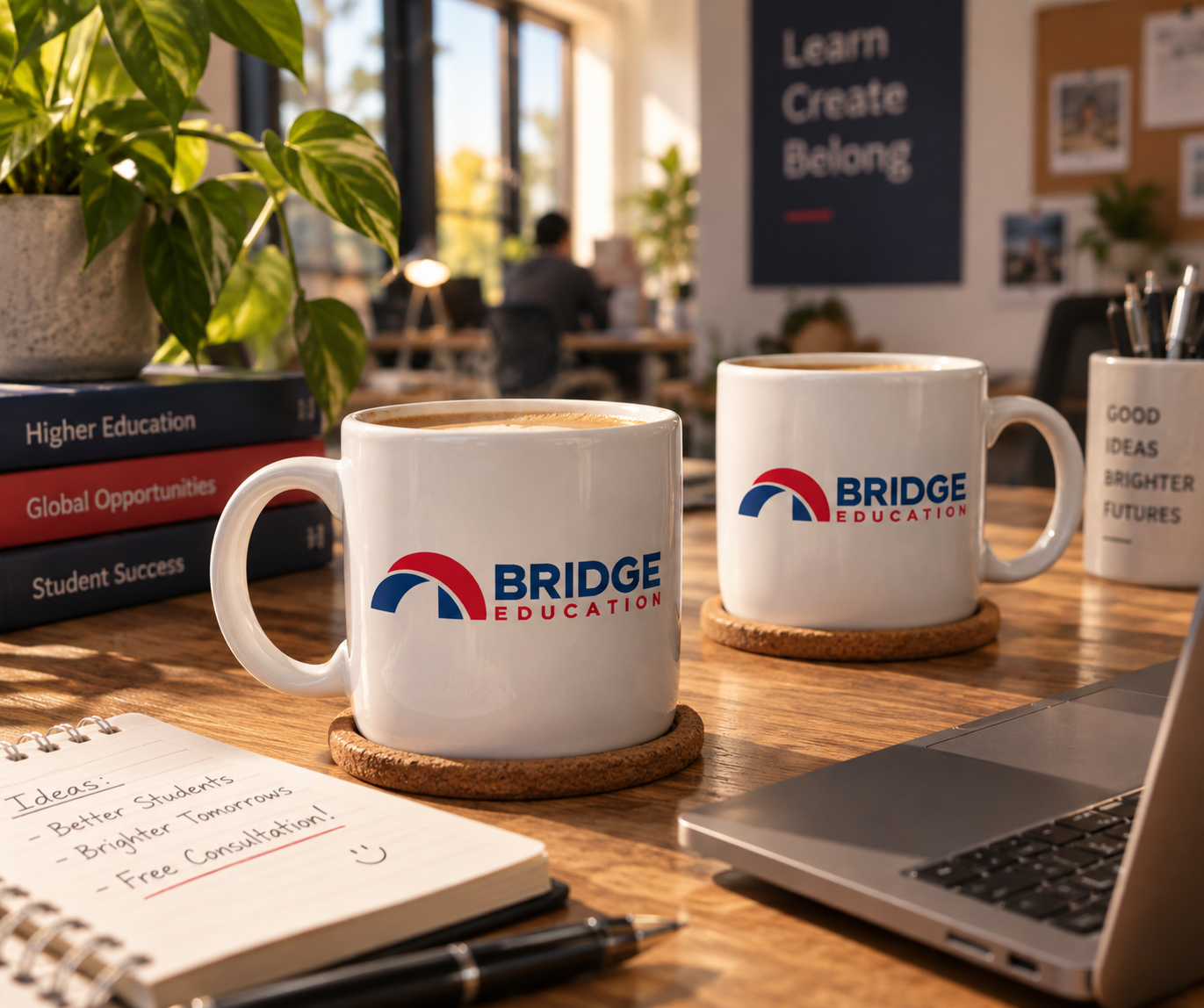 Bridge Education radni sto sa šoljama, beleškom o besplatnoj konsultaciji i laptopom